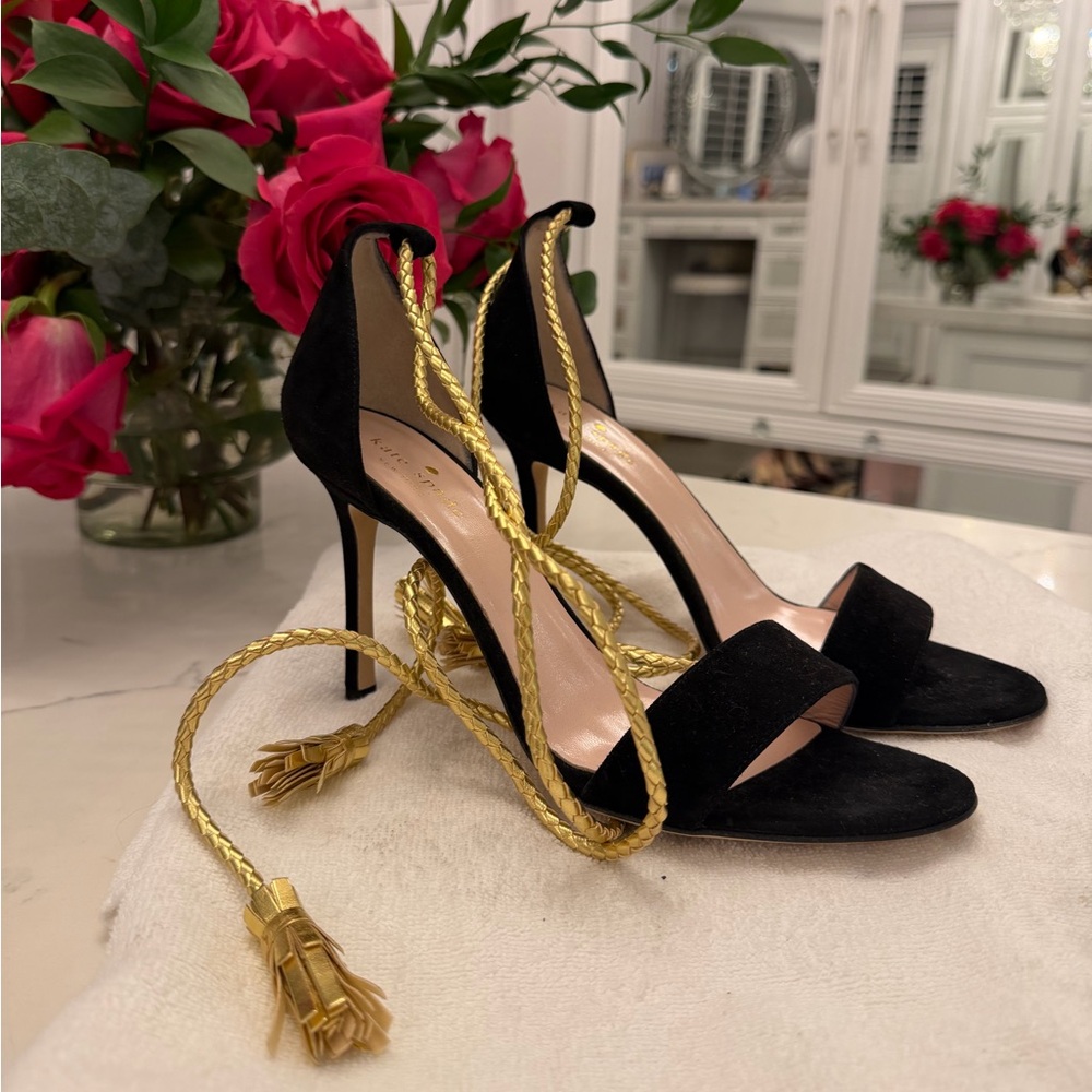 Kate spade Inez Black Heels with Gold Tassel Laces